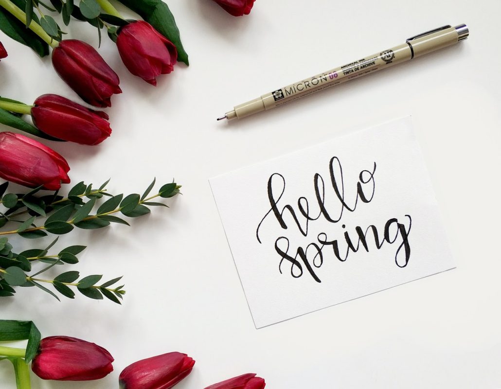 A piece of paper with the words "hello spring" written and some red tulips next to it.