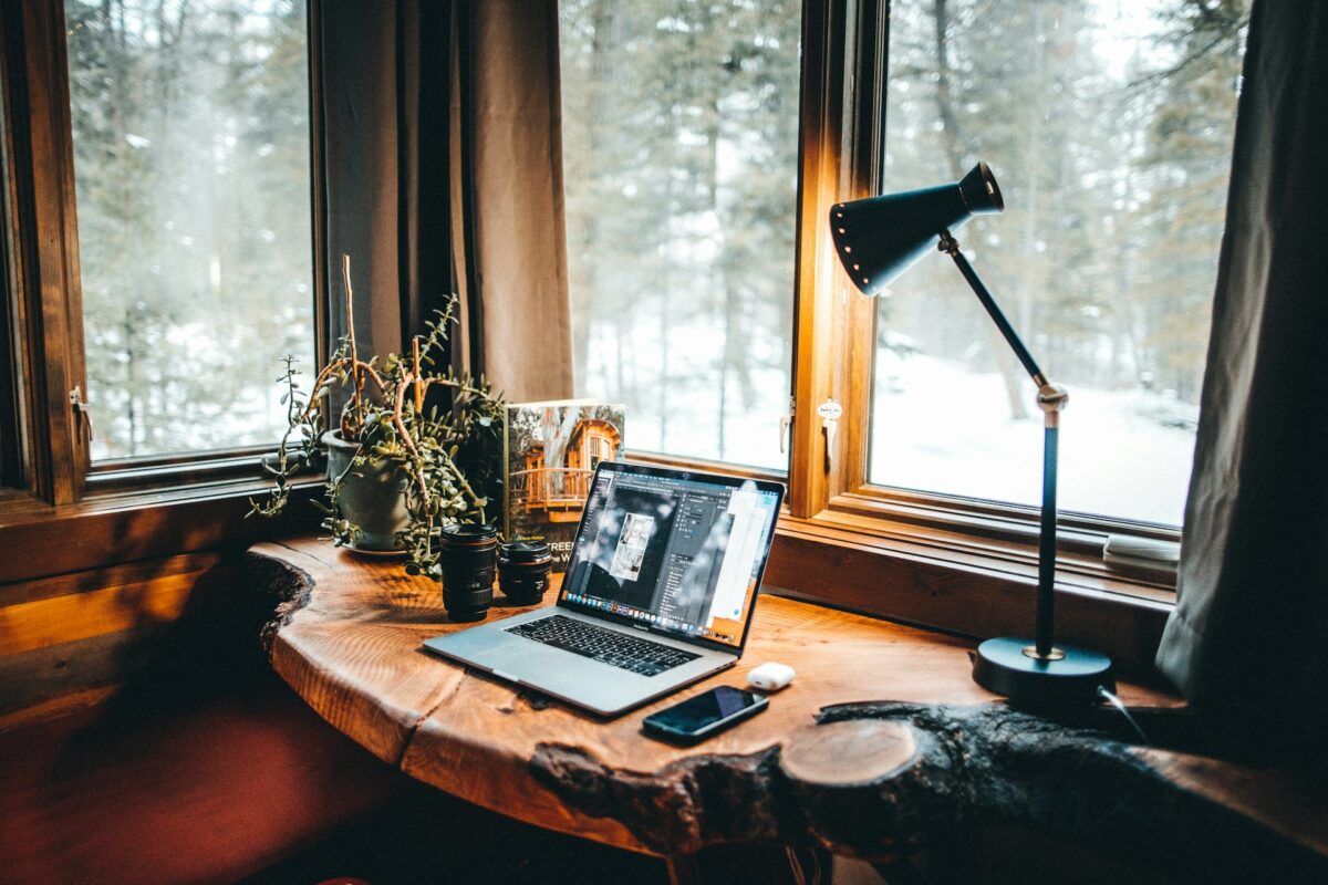 Wooden desk with laptop, plants and lamp by a window with snowy forest