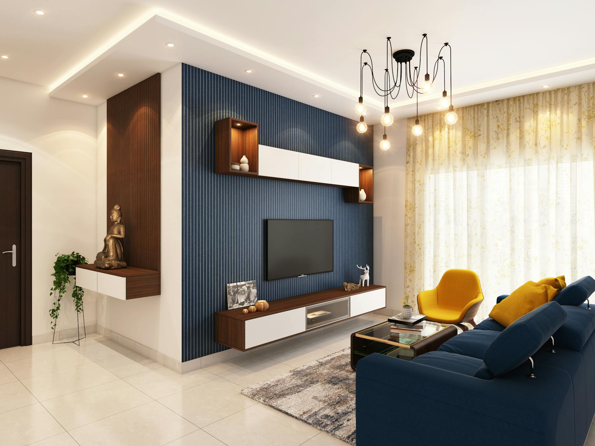 A living room with a navy textured wall, couch, and yellow chairs
