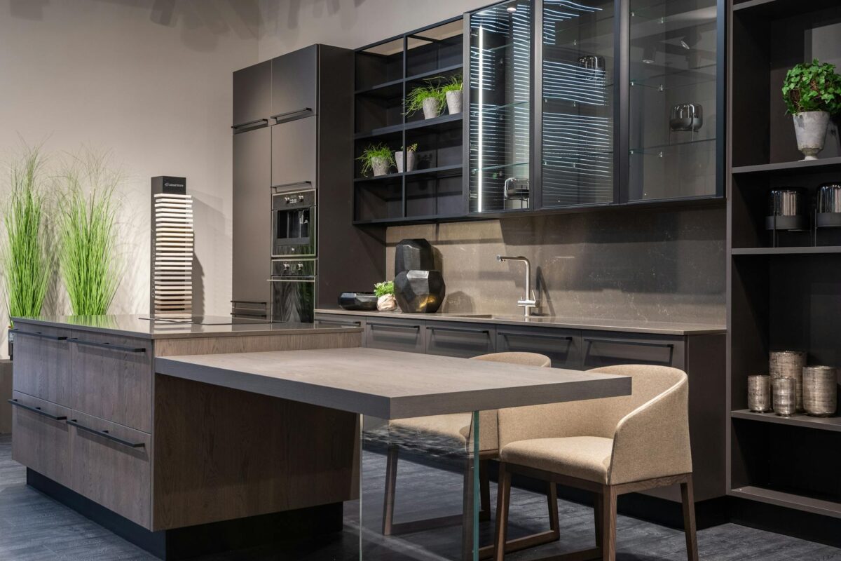 Stylish dark kitchen interior in a modern apartment
